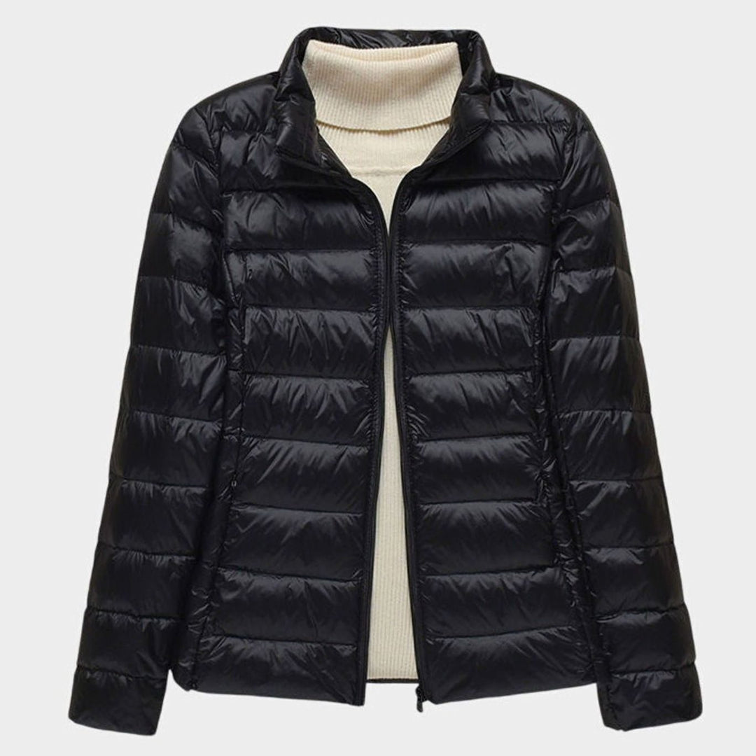 Women's Ultra-Light Hooded Quilted Winter Coat - Black Stand-Up Collar