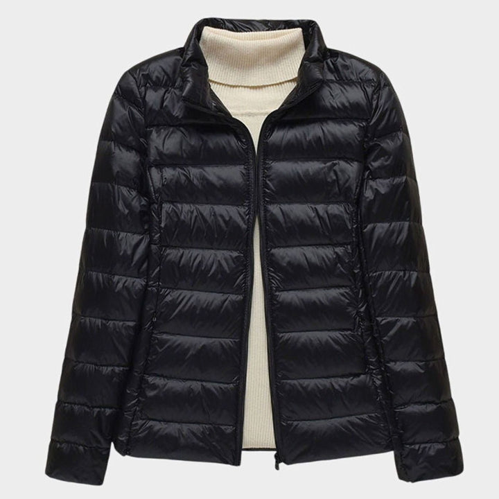 Women's Ultra-Light Hooded Quilted Winter Coat - Black Stand-Up Collar