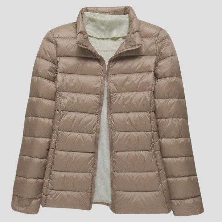 Women's Ultra-Light Hooded Quilted Winter Coat - Khaki Stand-Up Collar