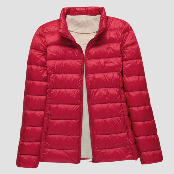 Women's Ultra-Light Hooded Quilted Winter Coat - Red Stand-Up Collar