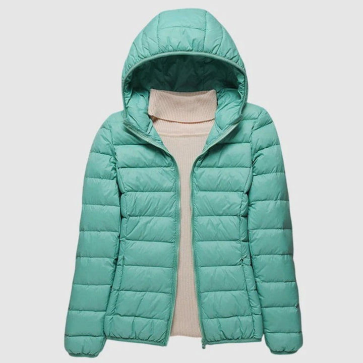 Women's Ultra-Light Hooded Quilted Winter Coat - Turquoise Hood