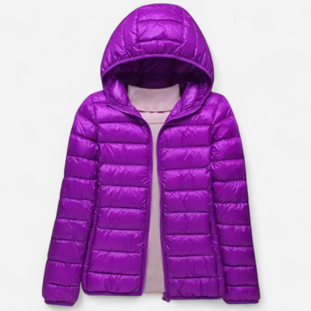 Women's Ultra-Light Hooded Quilted Winter Coat - Purple Hood