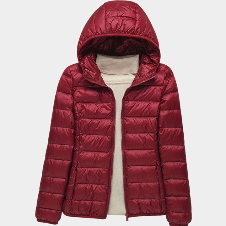 Women's Ultra-Light Hooded Quilted Winter Coat - Burgundy Hood