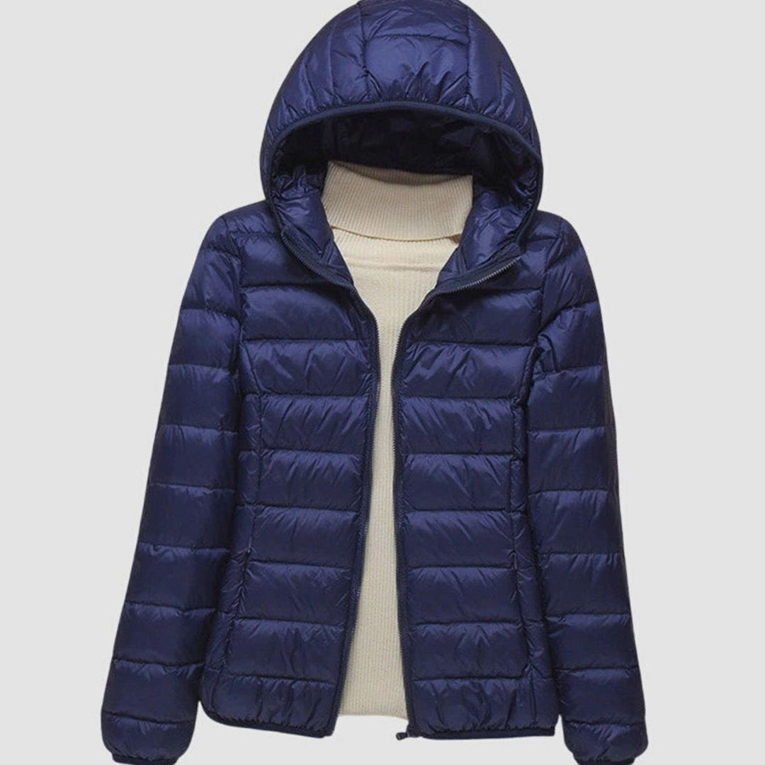 Women's Ultra-Light Hooded Quilted Winter Coat - Dark Blue Hood