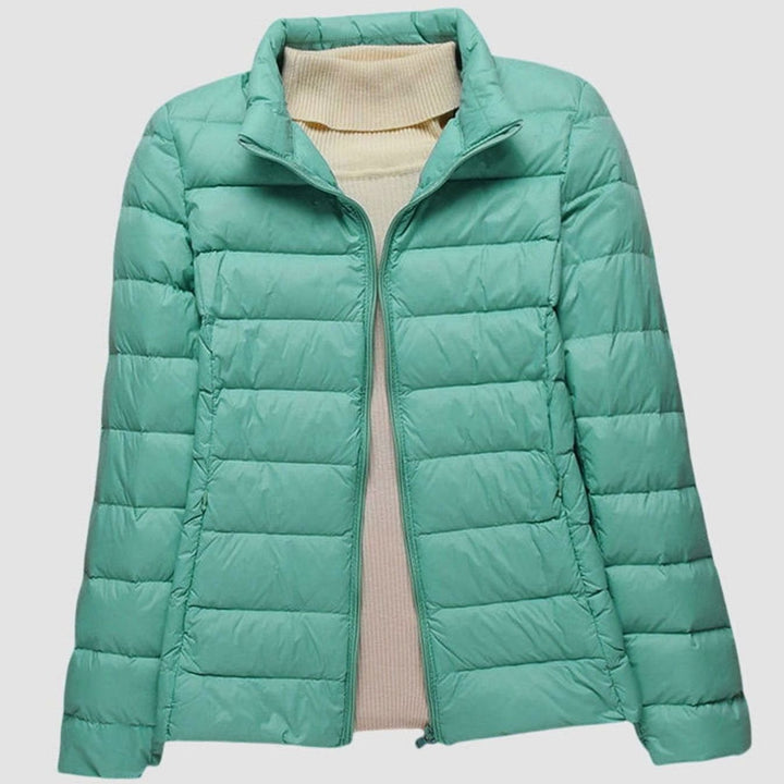 Women's Ultra-Light Hooded Quilted Winter Coat - Turquoise Stand-Up Collar