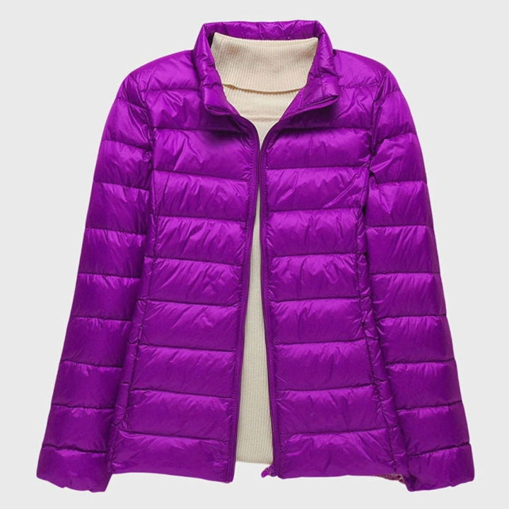 Women's Ultra-Light Hooded Quilted Winter Coat - Purple Stand-Up Collar
