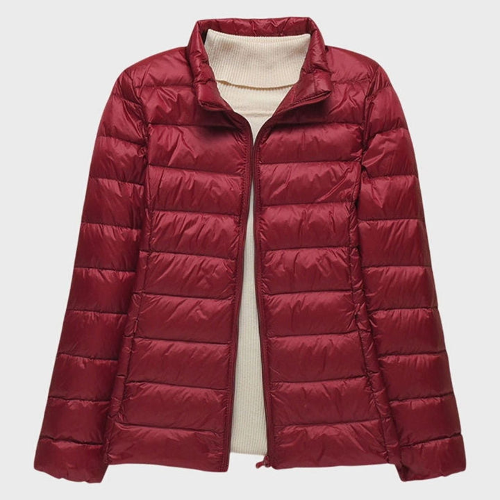 Women's Ultra-Light Hooded Quilted Winter Coat - Burgundy Stand-Up Collar