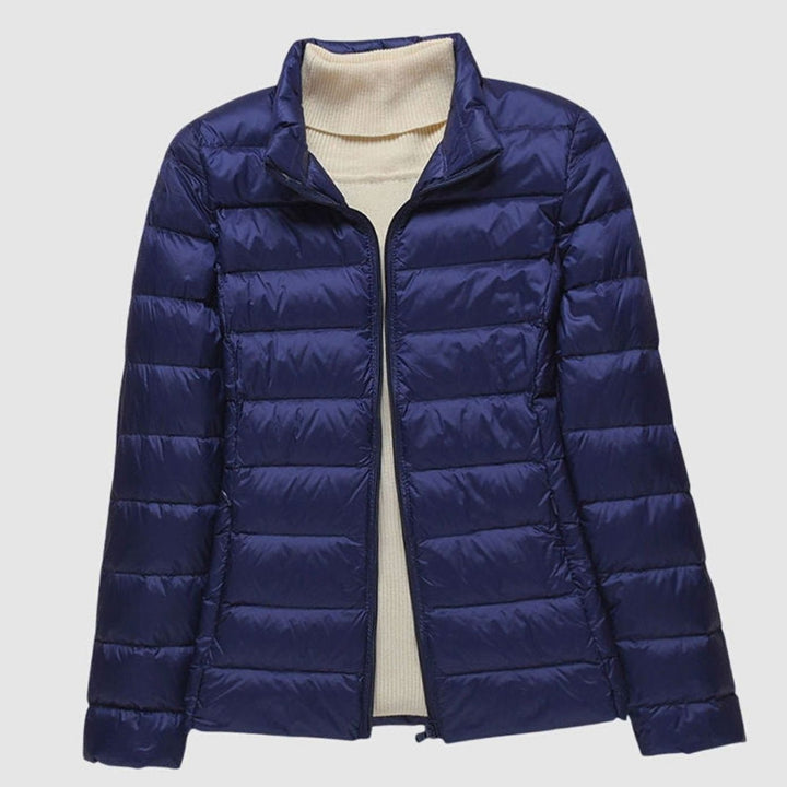 Women's Ultra-Light Hooded Quilted Winter Coat - Dark Blue Stand-Up Collar