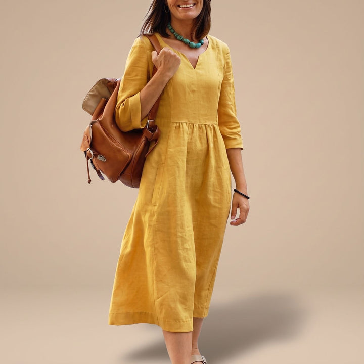 Women's V-Neck 3/4 Sleeve Side-Zipper Midi Dress with Pockets - Yellow