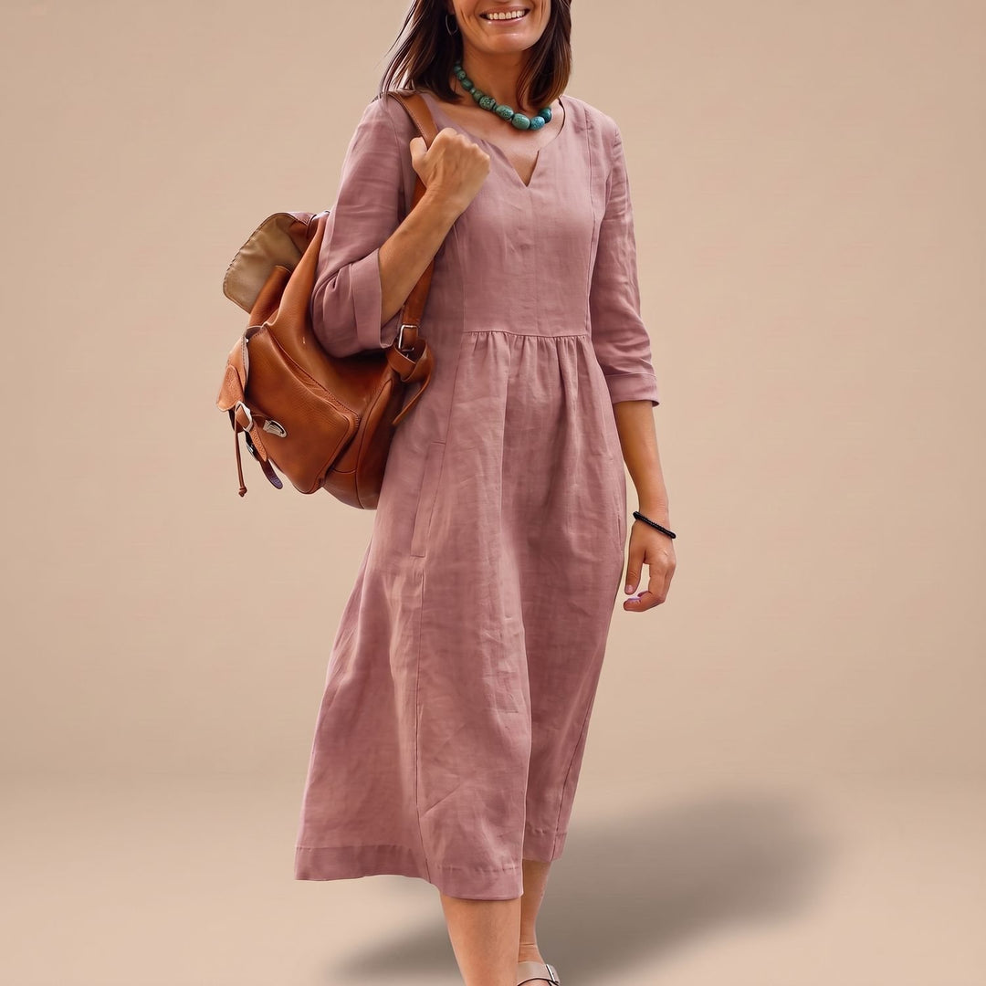 Women's V-Neck 3/4 Sleeve Side-Zipper Midi Dress with Pockets - Pink