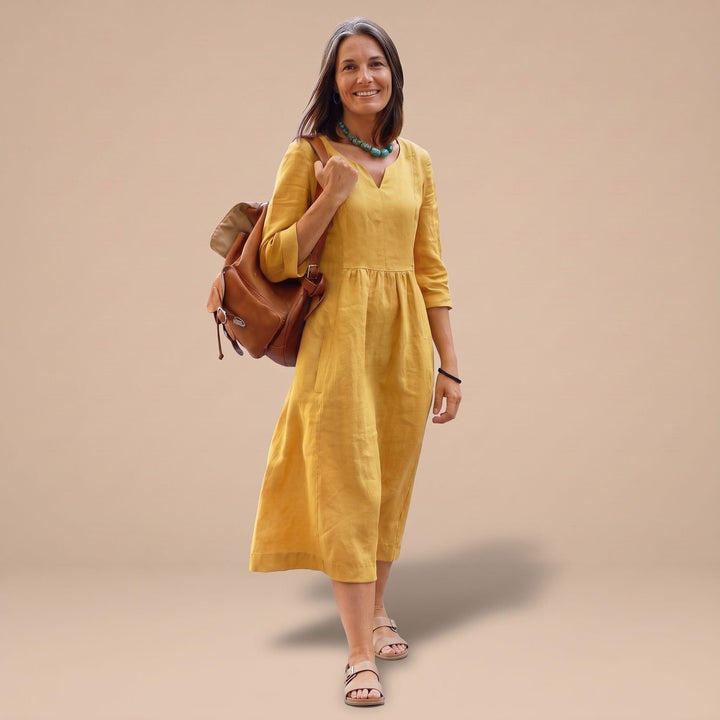 Women's V-Neck 3/4 Sleeve Side-Zipper Midi Dress with Pockets