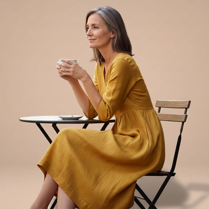 Women's V-Neck 3/4 Sleeve Side-Zipper Midi Dress with Pockets