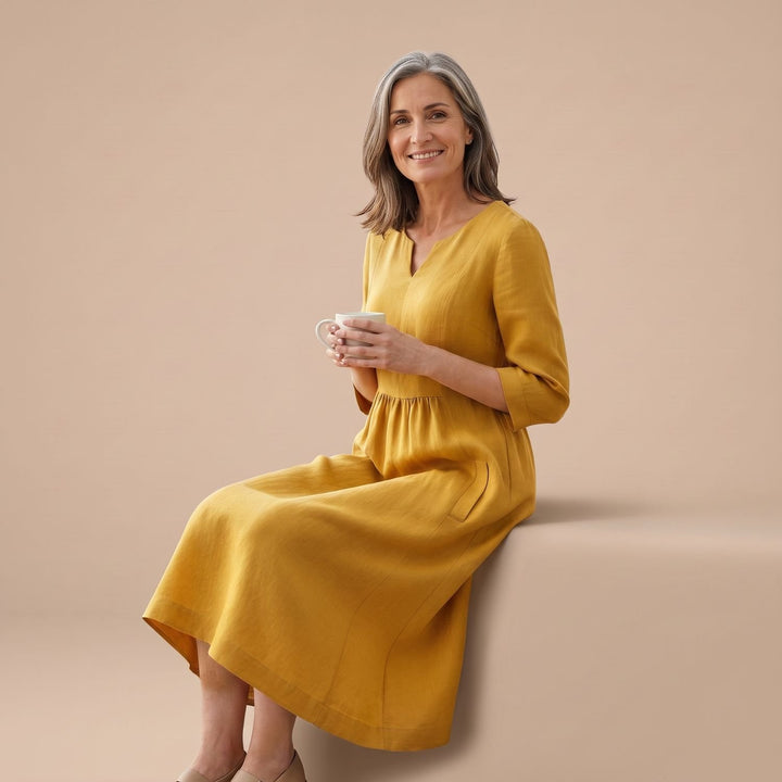 Women's V-Neck 3/4 Sleeve Side-Zipper Midi Dress with Pockets