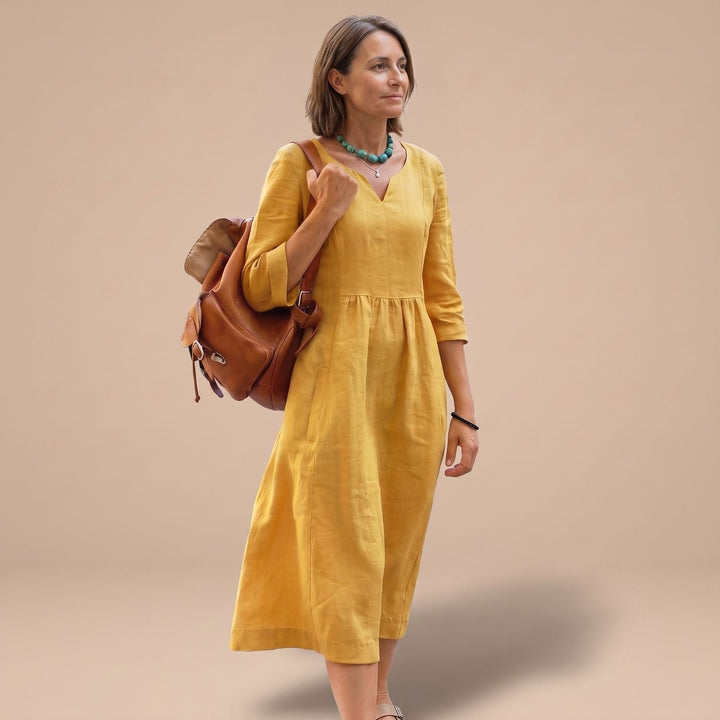 Women's V-Neck 3/4 Sleeve Side-Zipper Midi Dress with Pockets