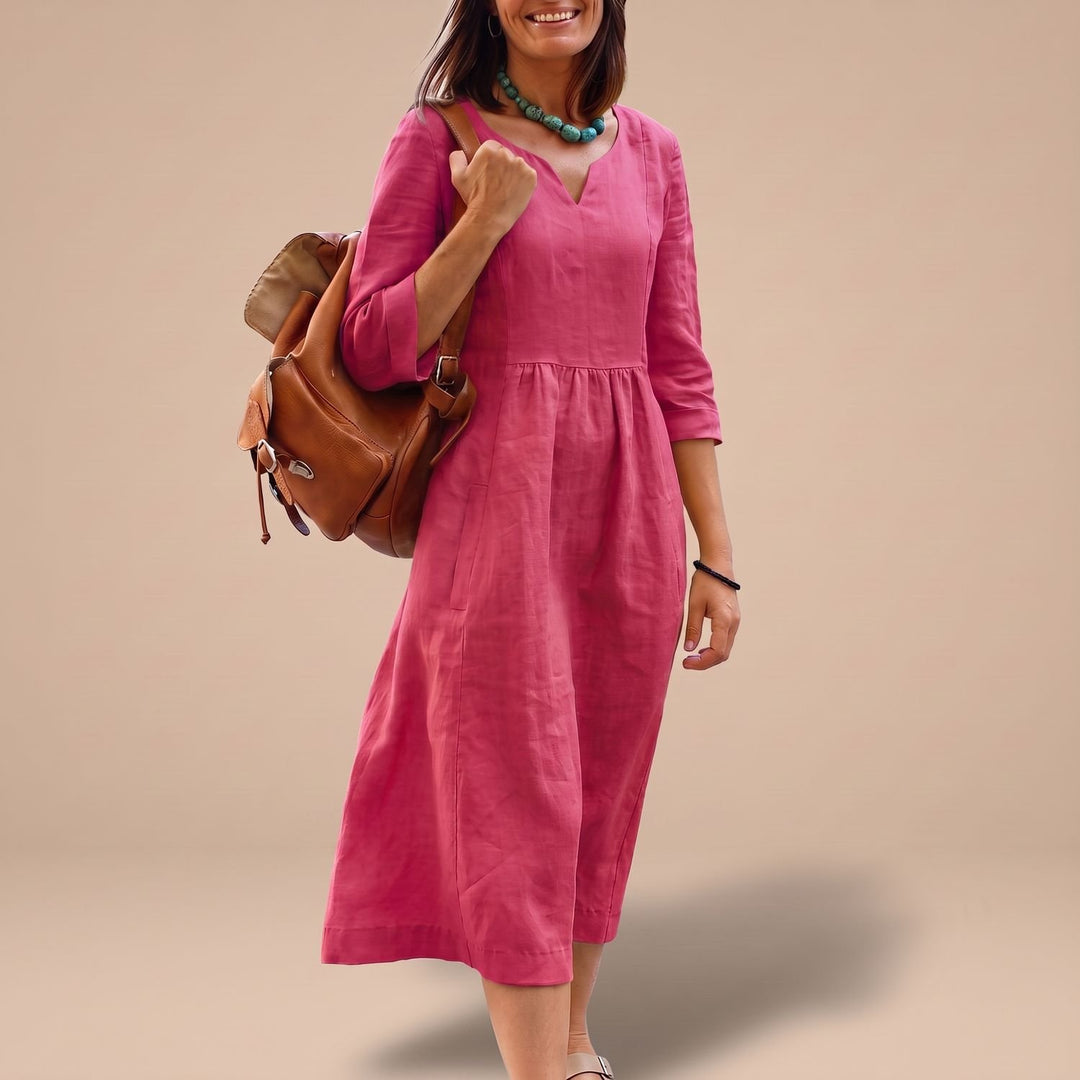 Women's V-Neck 3/4 Sleeve Side-Zipper Midi Dress with Pockets - Red