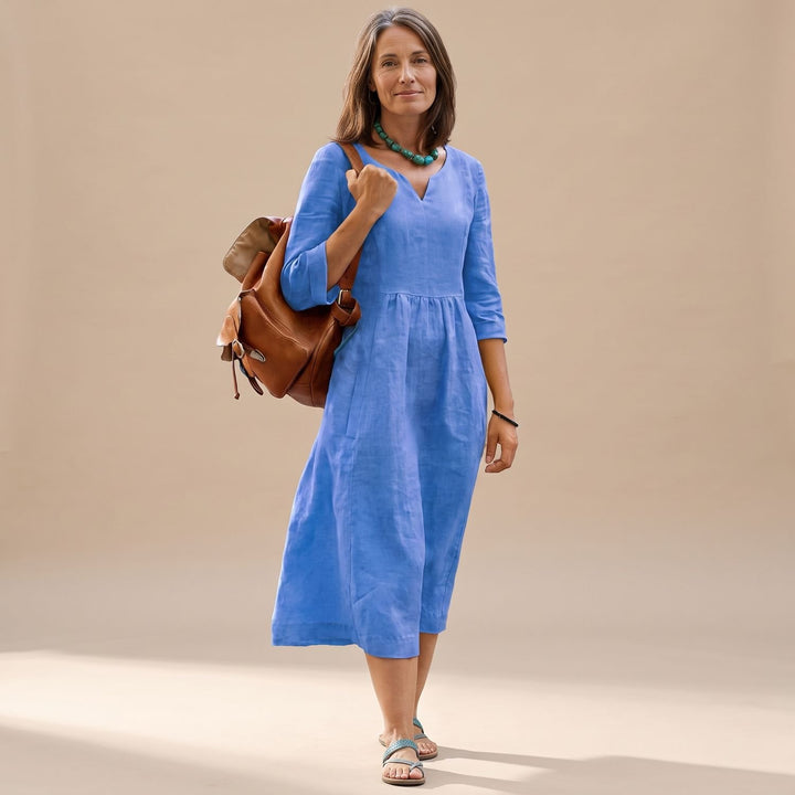 Women's V-Neck 3/4 Sleeve Side-Zipper Midi Dress with Pockets - Blue
