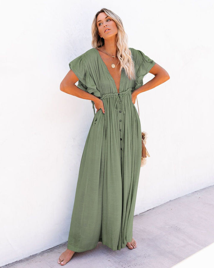 Women's V-Neck Button-Front Flutter-Sleeve Maxi Dress - Light Green