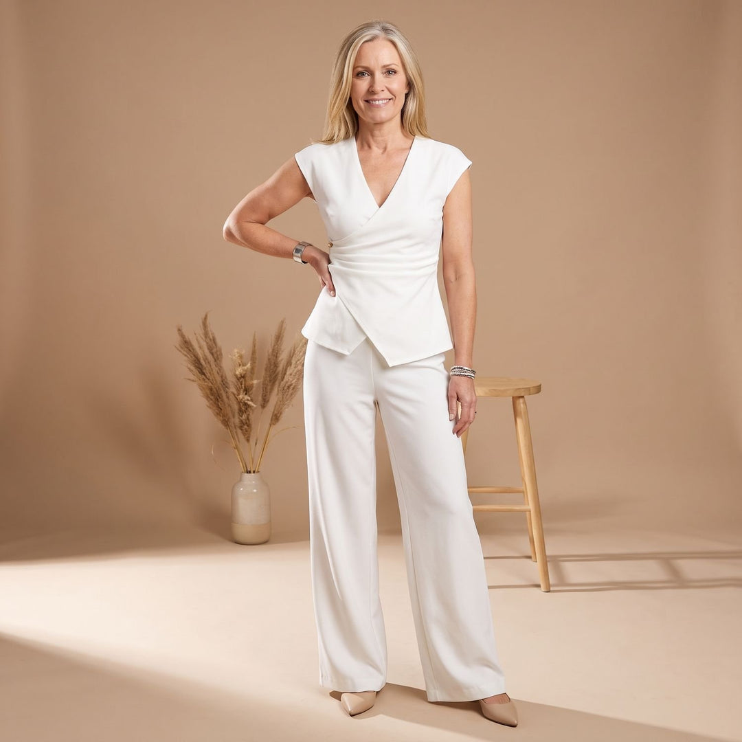 Women's V-Neck Cap Sleeve Asymmetric Top Wide-Leg Pants Two Piece Set - White