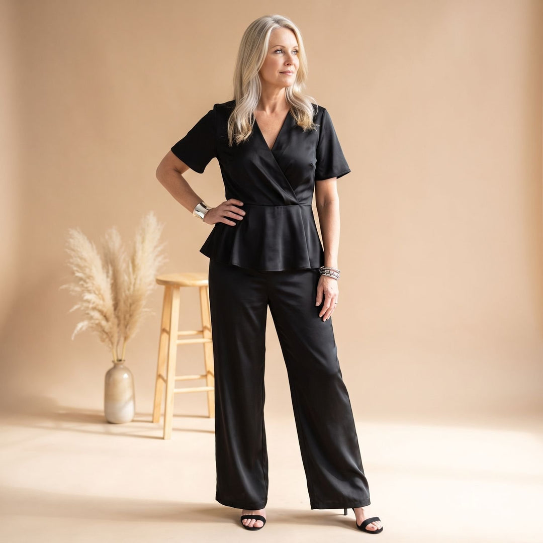 Women's V-Neck Cap Sleeve Asymmetric Top Wide-Leg Pants Two Piece Set - Black