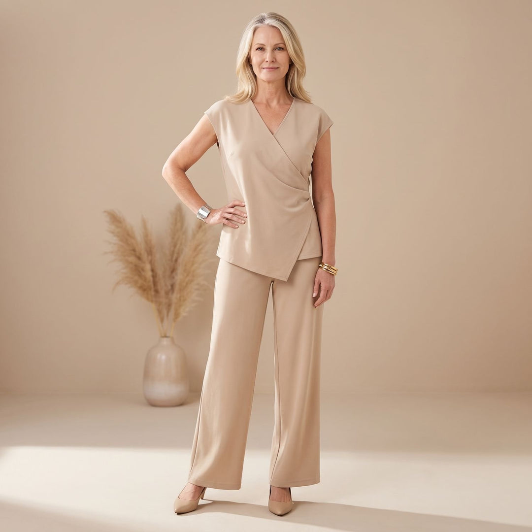 Women's V-Neck Cap Sleeve Asymmetric Top Wide-Leg Pants Two Piece Set - Apricot