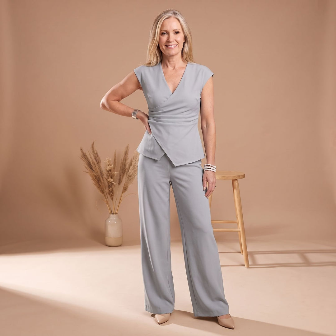 Women's V-Neck Cap Sleeve Asymmetric Top Wide-Leg Pants Two Piece Set - Gray