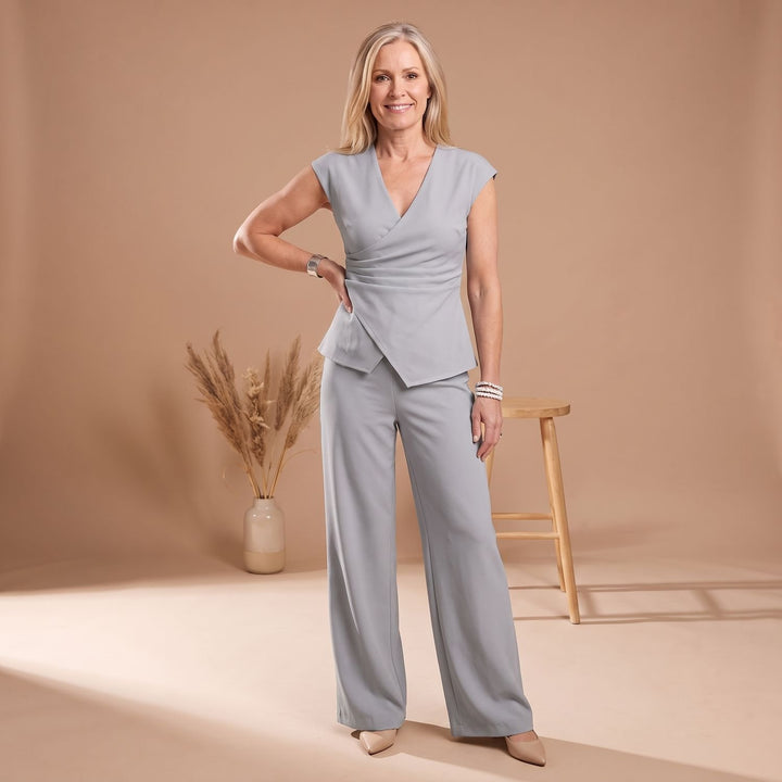 Women's V-Neck Cap Sleeve Asymmetric Top Wide-Leg Pants Two Piece Set - Gray