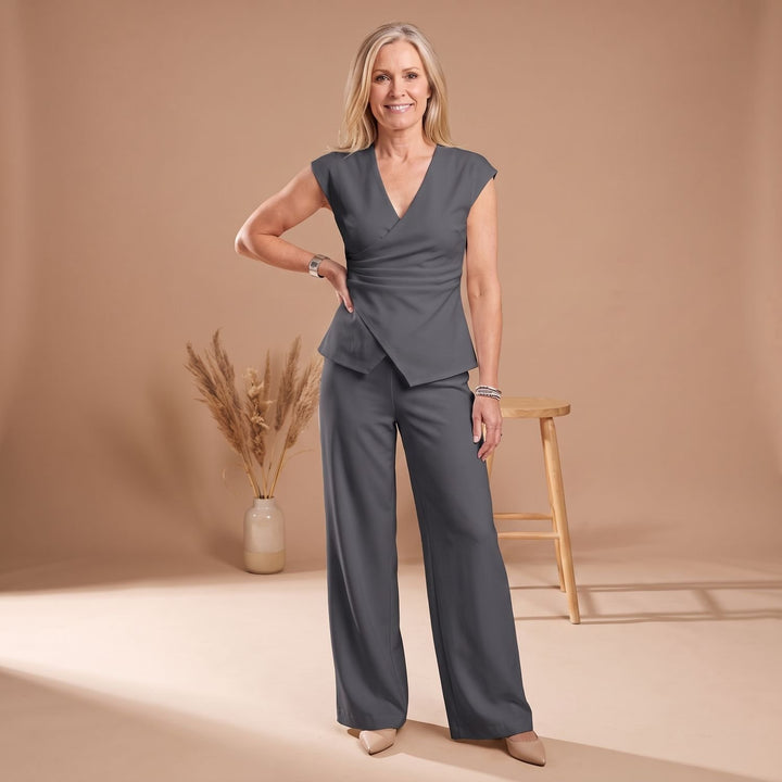 Women's V-Neck Cap Sleeve Asymmetric Top Wide-Leg Pants Two Piece Set - Dark Gray