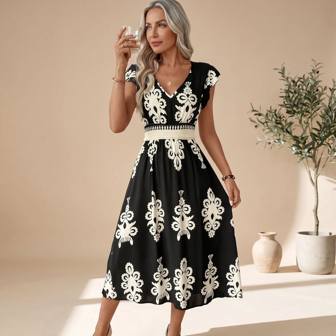 Women's V-Neck Cap-Sleeve Smocked-Waist Floral Midi Dress - Black