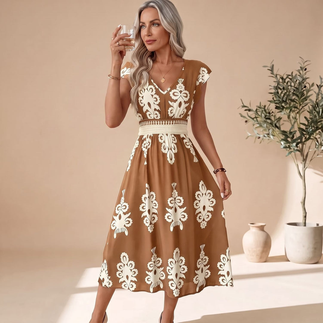Women's V-Neck Cap-Sleeve Smocked-Waist Floral Midi Dress - Brown