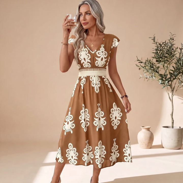 Women's V-Neck Cap-Sleeve Smocked-Waist Floral Midi Dress - Brown