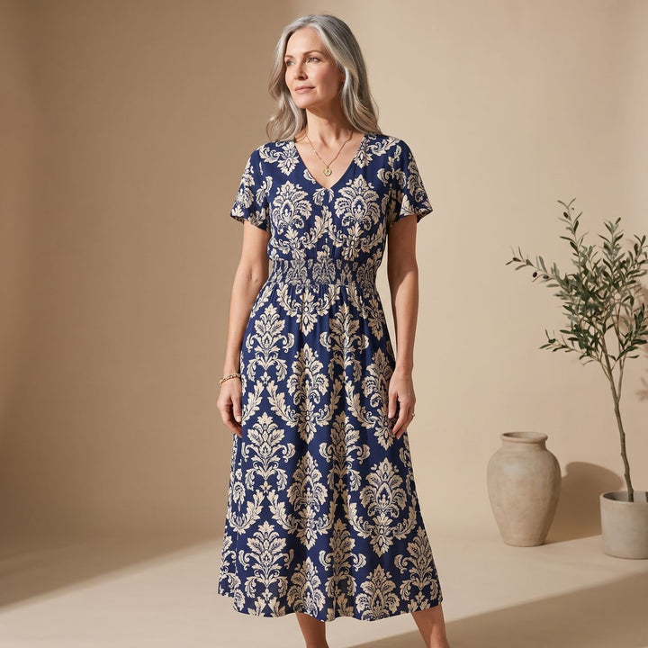 Women's V-Neck Cap-Sleeve Smocked-Waist Floral Midi Dress - Navy Blue
