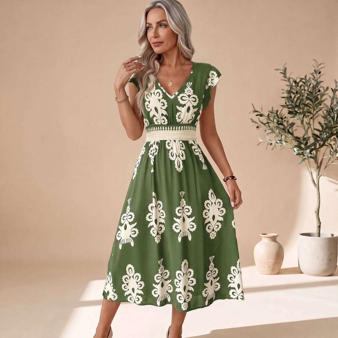 Women's V-Neck Cap-Sleeve Smocked-Waist Floral Midi Dress - Green