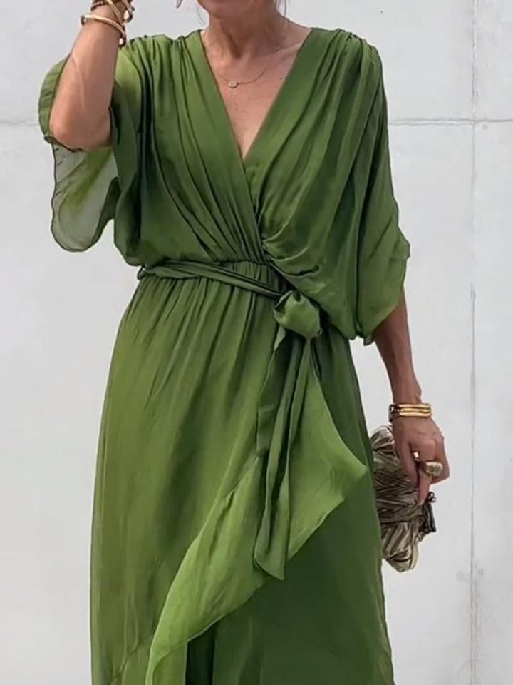Women's V-Neck Chiffon Belted Midi Cocktail Party Dress