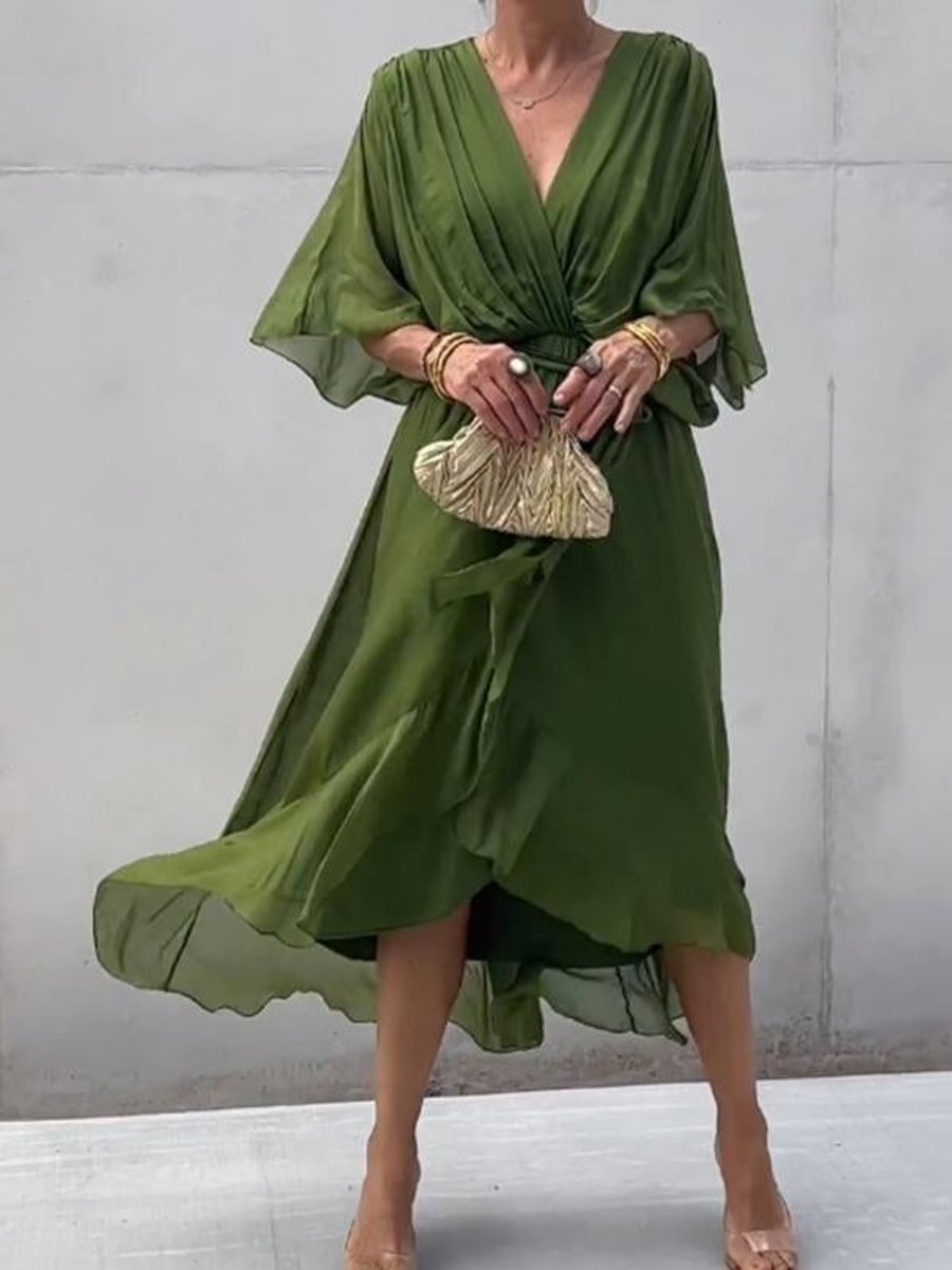 Women's V-Neck Chiffon Belted Midi Cocktail Party Dress