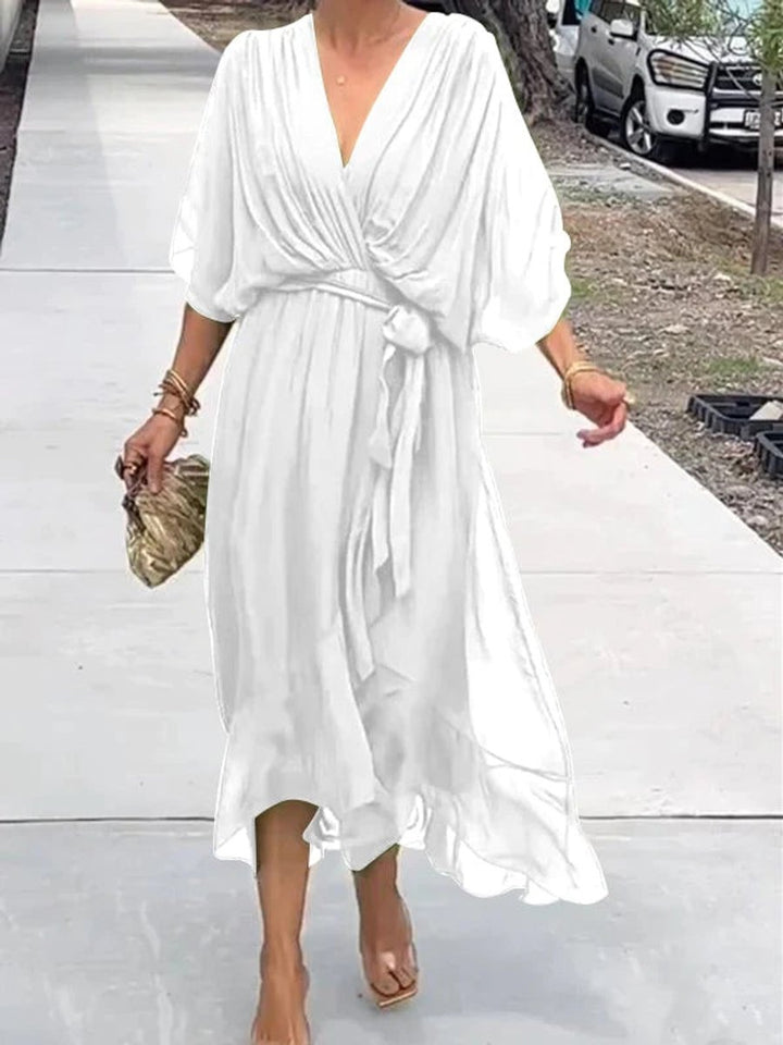 Women's V-Neck Chiffon Belted Midi Cocktail Party Dress - White
