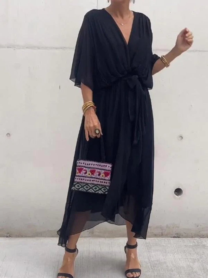Women's V-Neck Chiffon Belted Midi Cocktail Party Dress - Black