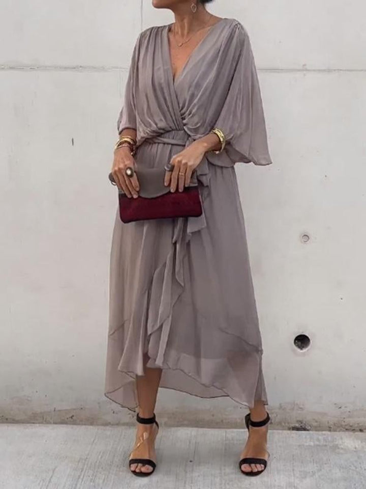 Women's V-Neck Chiffon Belted Midi Cocktail Party Dress - Gray