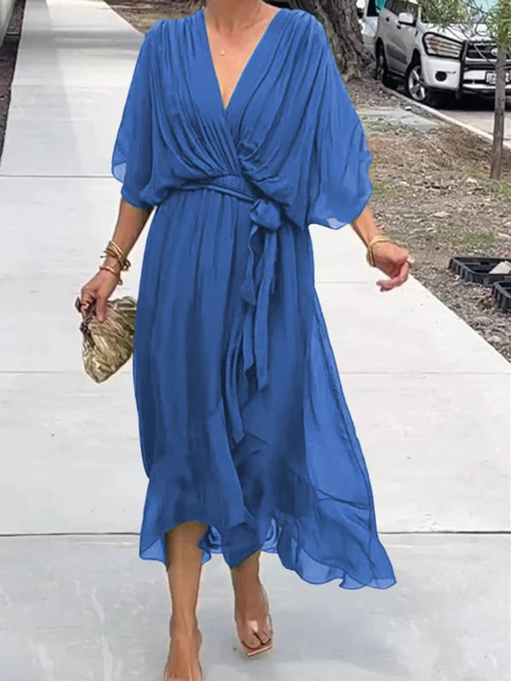 Women's V-Neck Chiffon Belted Midi Cocktail Party Dress - Blue