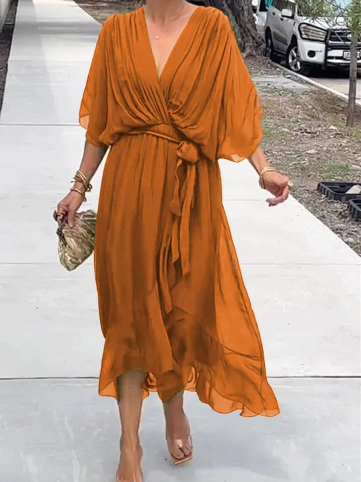 Women's V-Neck Chiffon Belted Midi Cocktail Party Dress - Orange