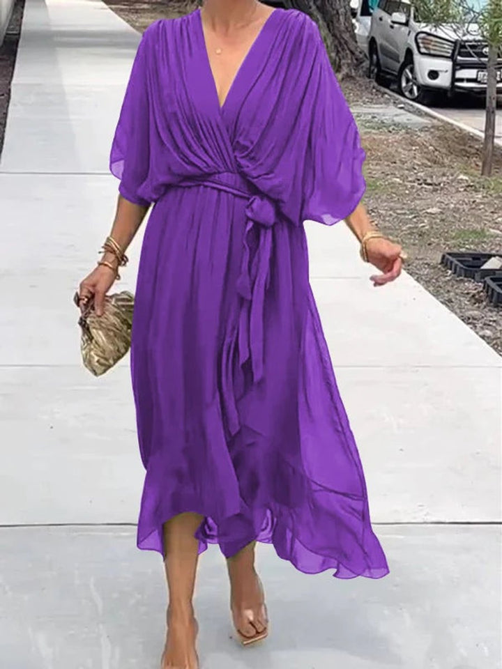 Women's V-Neck Chiffon Belted Midi Cocktail Party Dress - Purple