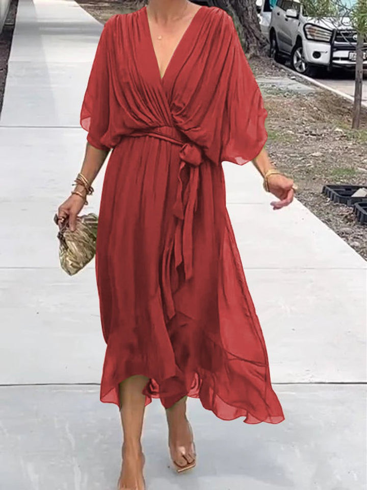 Women's V-Neck Chiffon Belted Midi Cocktail Party Dress - Red