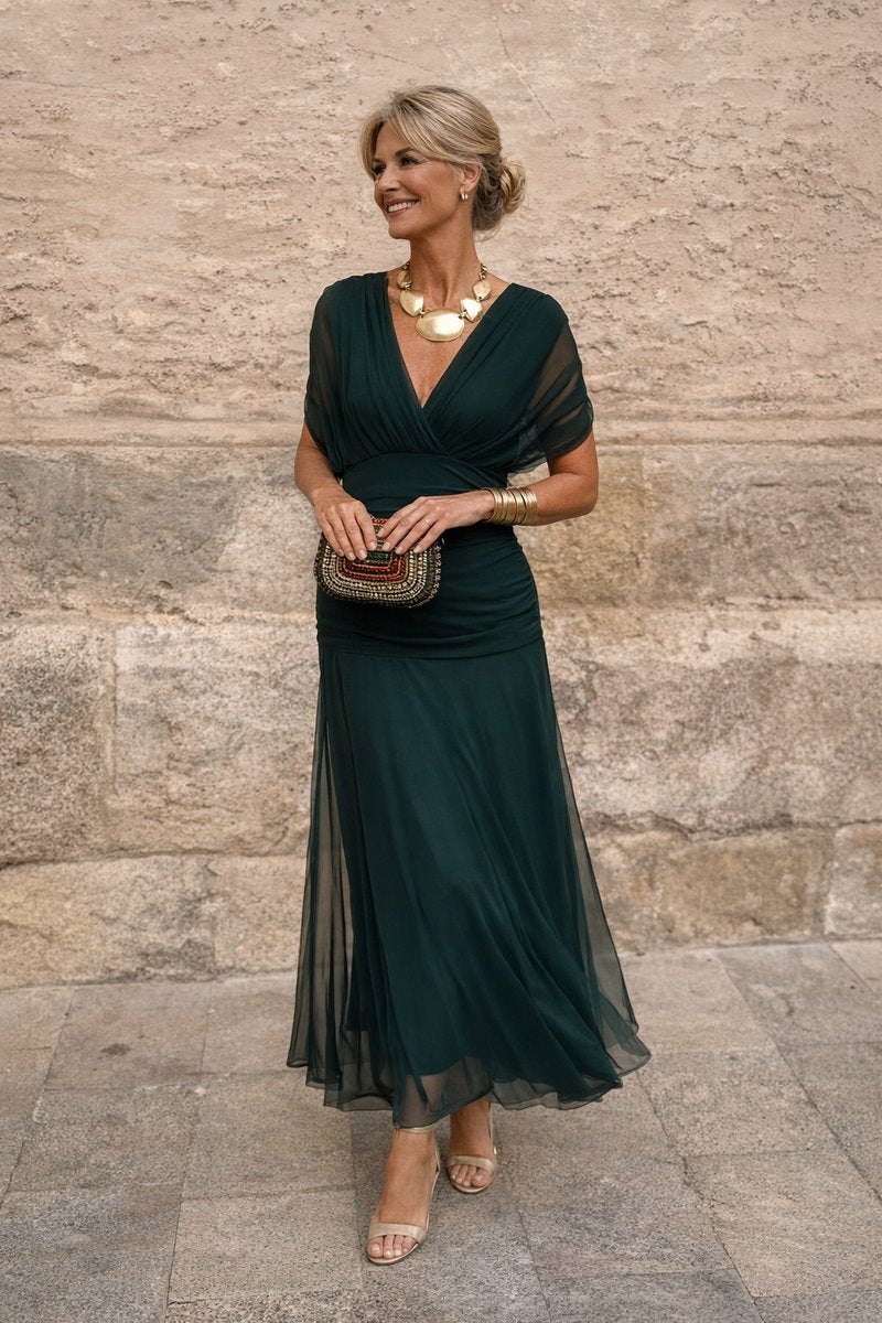 Women's V-Neck Chiffon Cocktail Party Dress Flowy Maxi - Bottle Green
