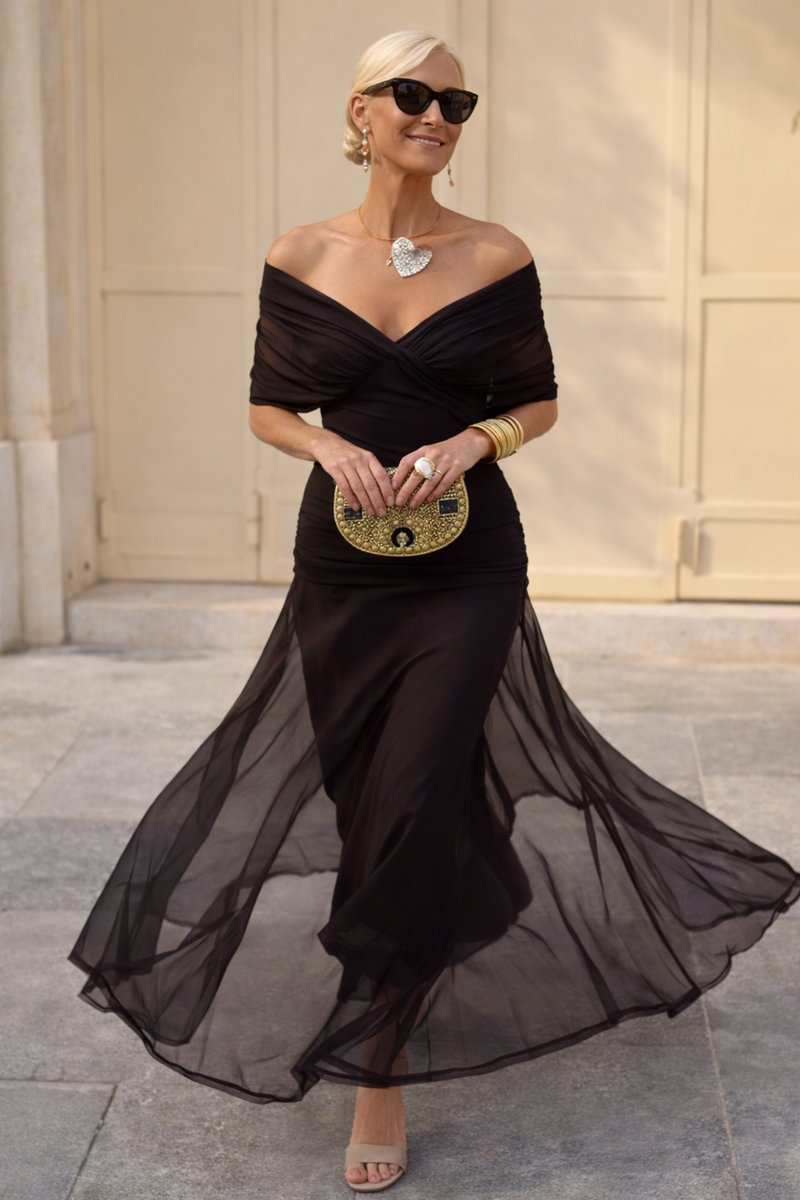 Women's V-Neck Chiffon Cocktail Party Dress Flowy Maxi - Night Brown