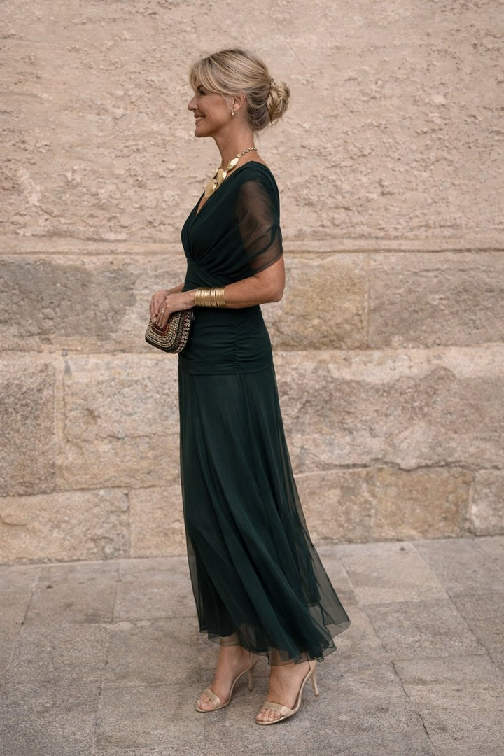 Women's V-Neck Chiffon Cocktail Party Dress Flowy Maxi