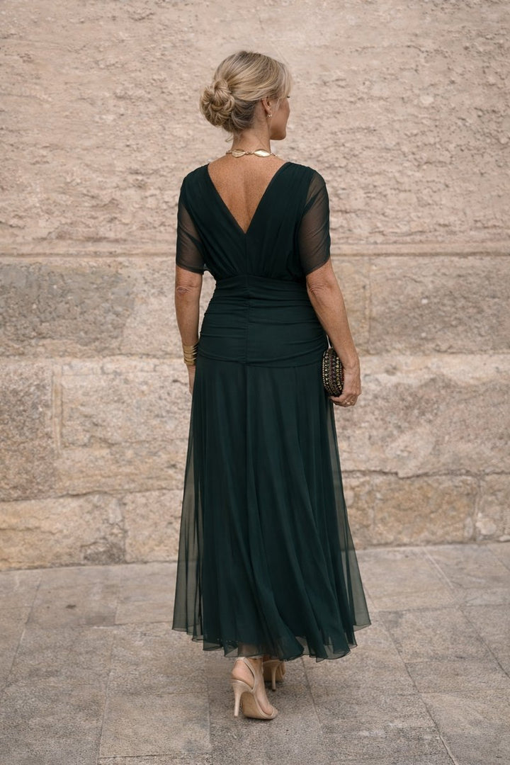 Women's V-Neck Chiffon Cocktail Party Dress Flowy Maxi