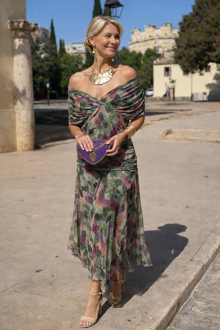 Women's V-Neck Chiffon Cocktail Party Dress Flowy Maxi - Bouquet