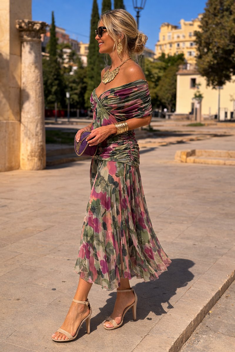 Women's V-Neck Chiffon Cocktail Party Dress Flowy Maxi