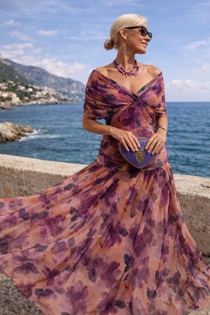Women's V-Neck Chiffon Cocktail Party Dress Flowy Maxi - Enchanted Garden