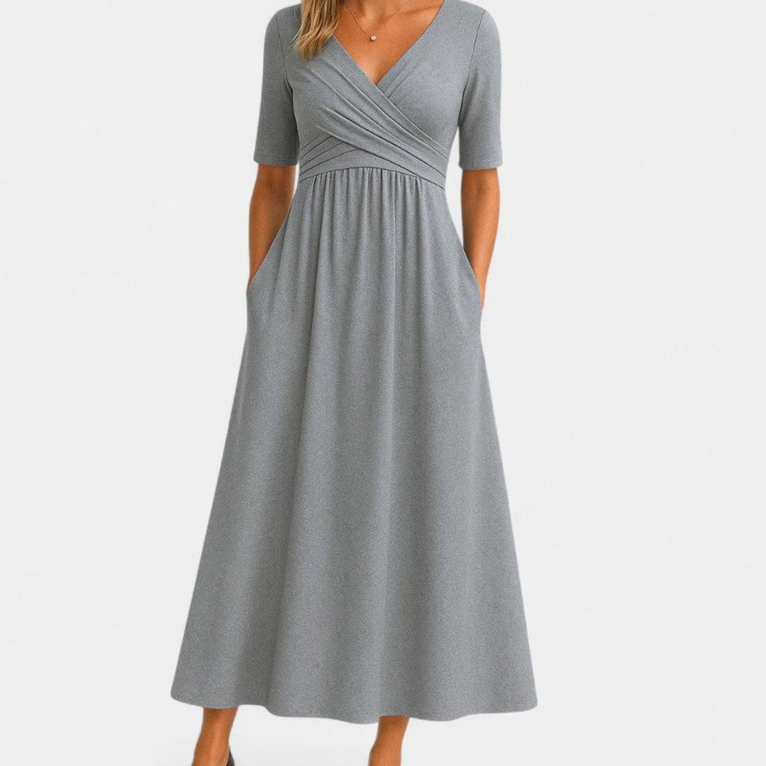 Women's V-Neck Crossover High-Waist A-Line Midi Dress - Gray