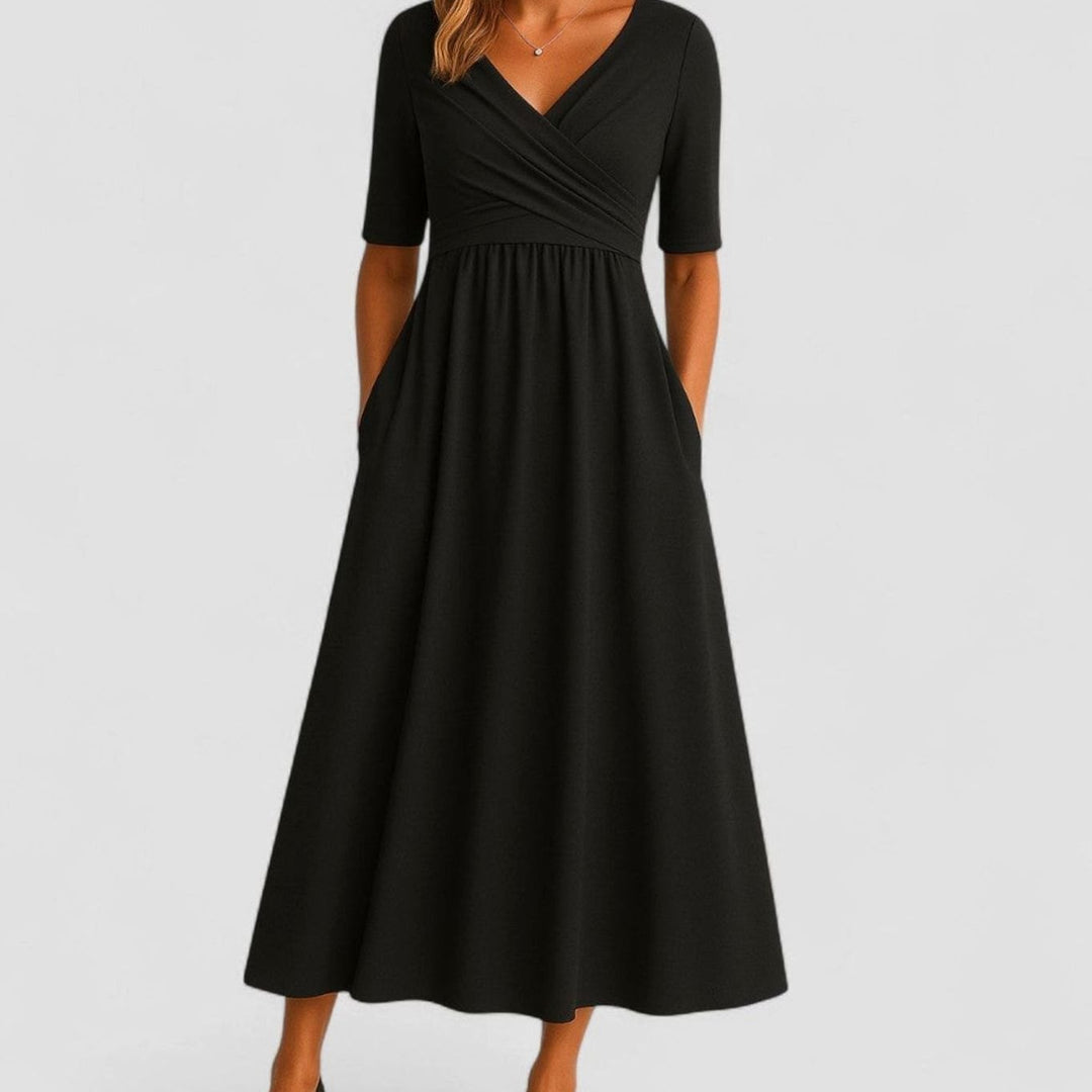 Women's V-Neck Crossover High-Waist A-Line Midi Dress - Black
